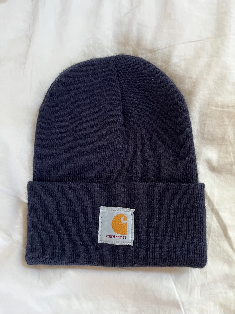Carhartt Navy Knit Cuffed Beanie with Gold Logo Patch